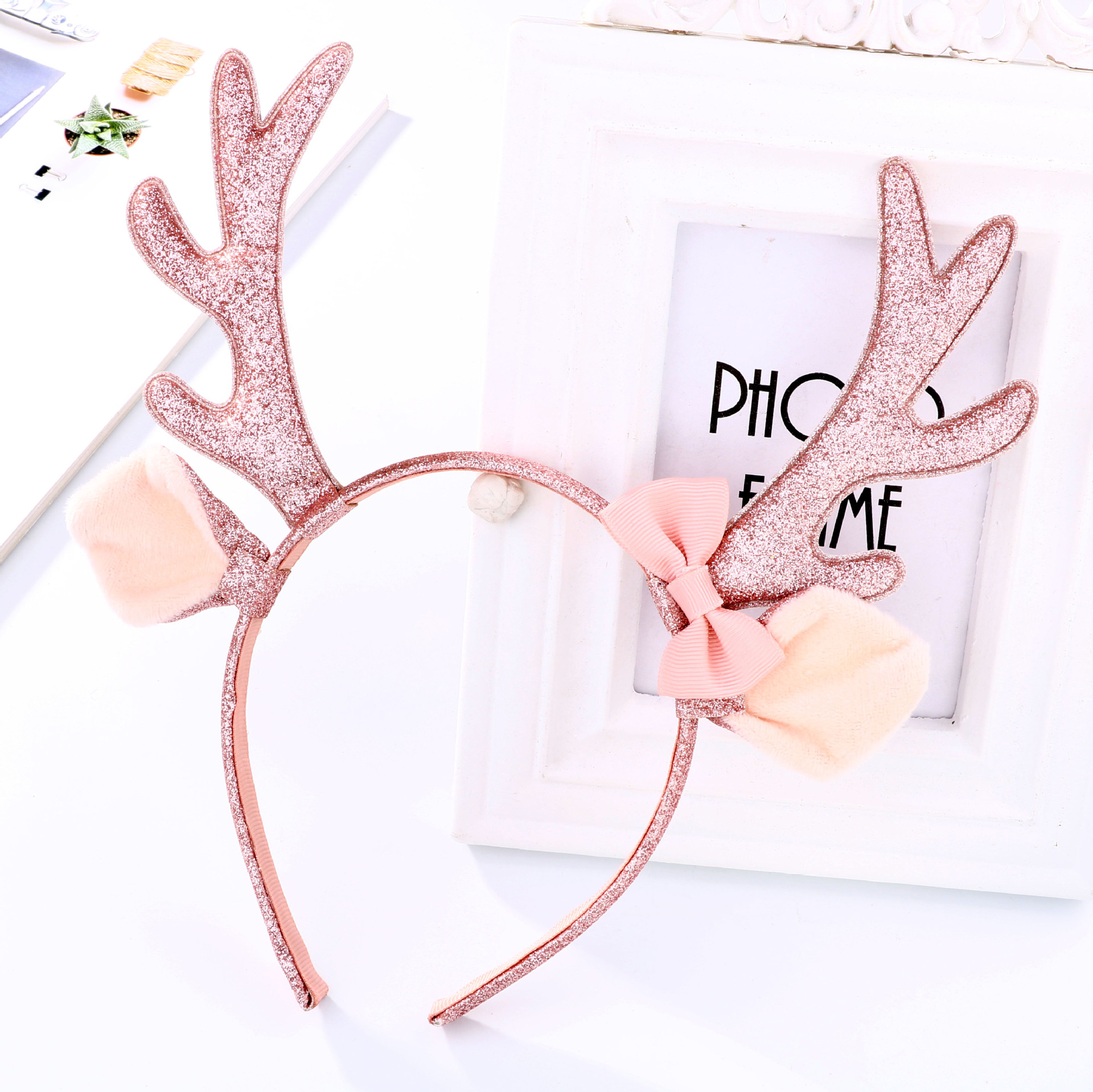 Cosplay Prop Bow - Cute Pink Glitter Reindeer Antlers Headband
